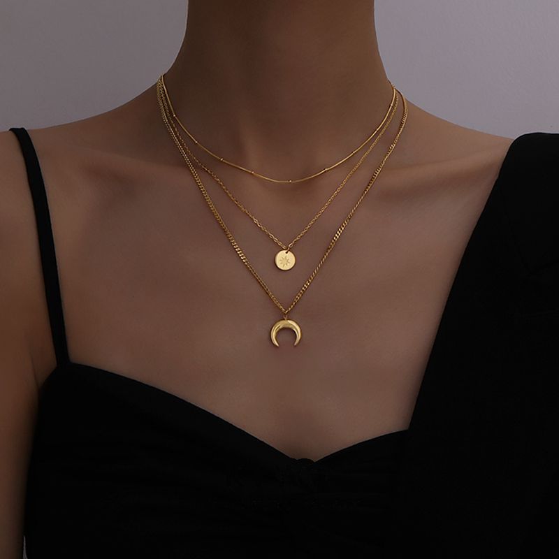 Moon Titanium Steel Tassel Plating Chain Pendant Necklace