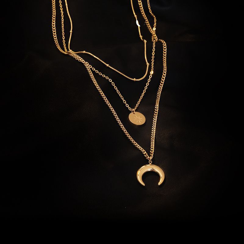 Moon Titanium Steel Tassel Plating Chain Pendant Necklace