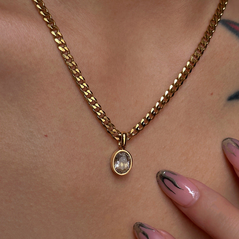Oval 304 Stainless Steel Zircon Plating Inlay Pendant Long Necklace