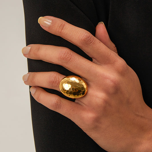 PVD Coated Real Gold Plated 18K Gold Hammered 304 Stainless Steel Non Tarnish Open Ring