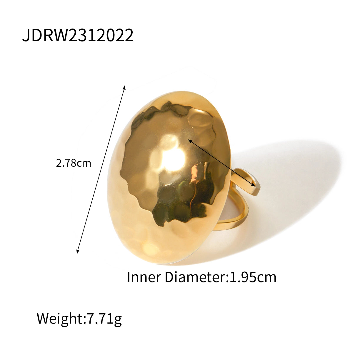 PVD Coated Real Gold Plated 18K Gold Hammered 304 Stainless Steel Non Tarnish Open Ring