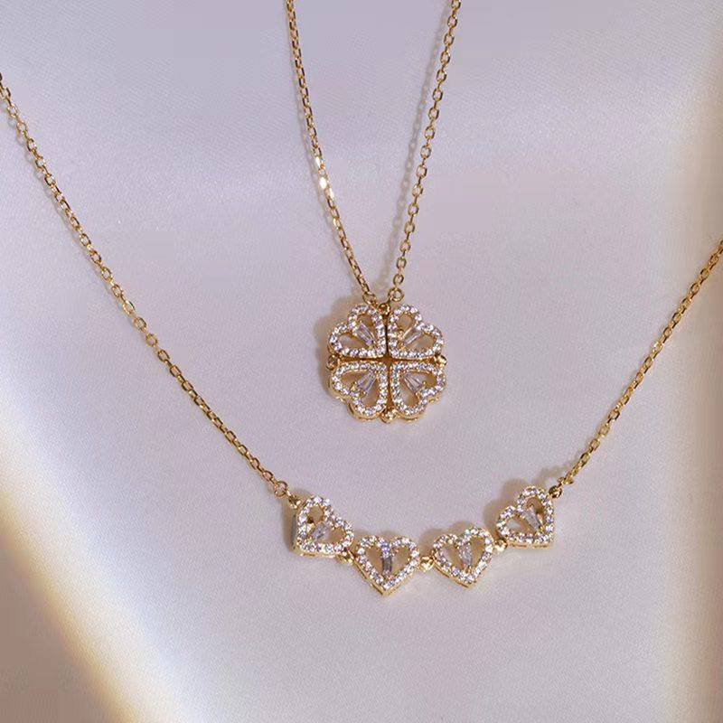 Four Leaf Clover Heart Shape Titanium Steel Rhinestones Hollow Out Inlay Necklace