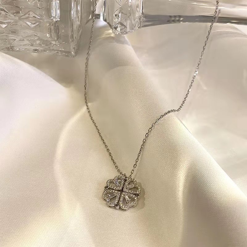 Four Leaf Clover Heart Shape Titanium Steel Rhinestones Hollow Out Inlay Necklace