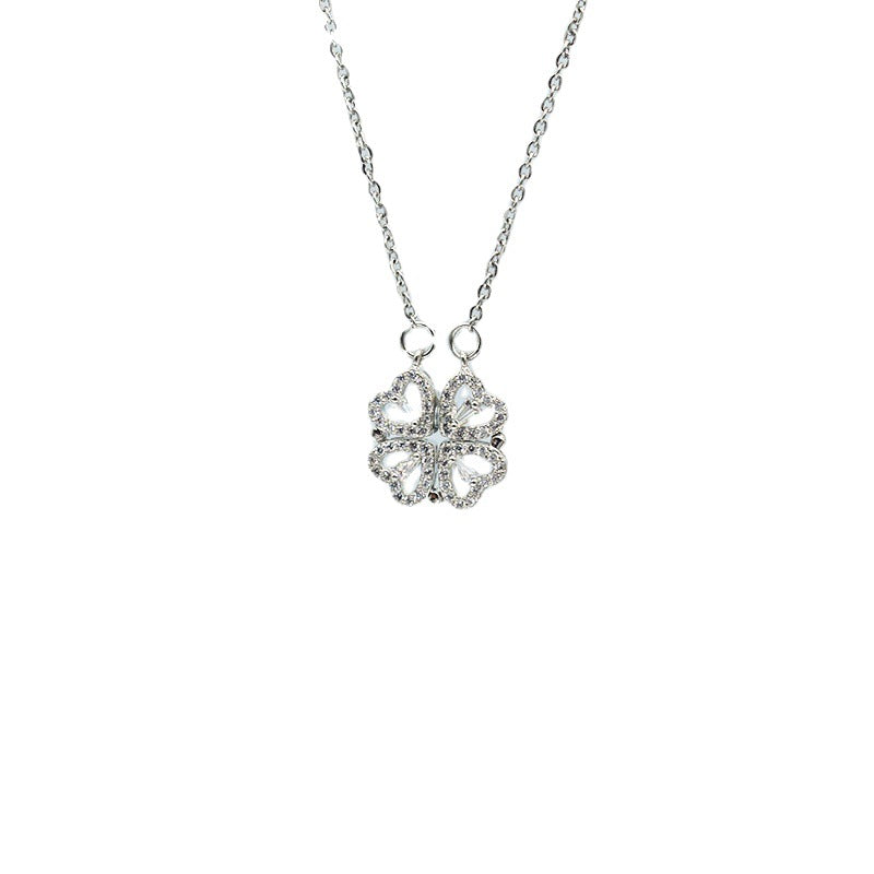 Four Leaf Clover Heart Shape Titanium Steel Rhinestones Hollow Out Inlay Necklace