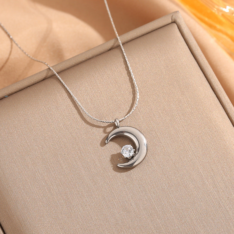 Moon 304 Stainless Steel Zircon Gold Plated Inlay Pendant Necklace