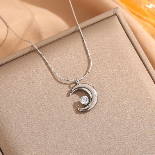 Moon 304 Stainless Steel Zircon Gold Plated Inlay Pendant Necklace