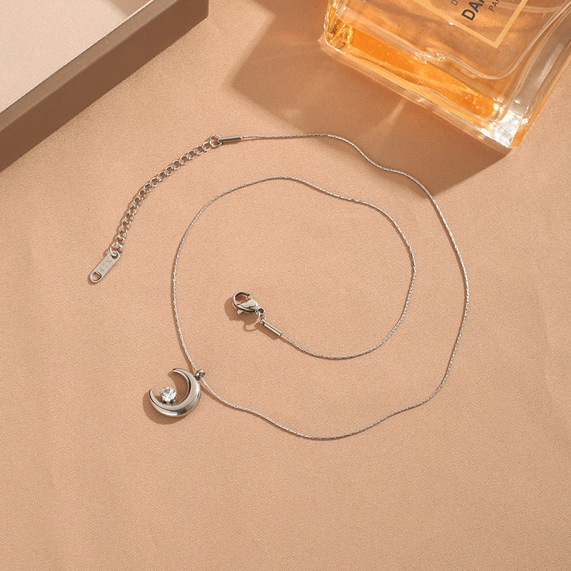 Moon 304 Stainless Steel Zircon Gold Plated Inlay Pendant Necklace