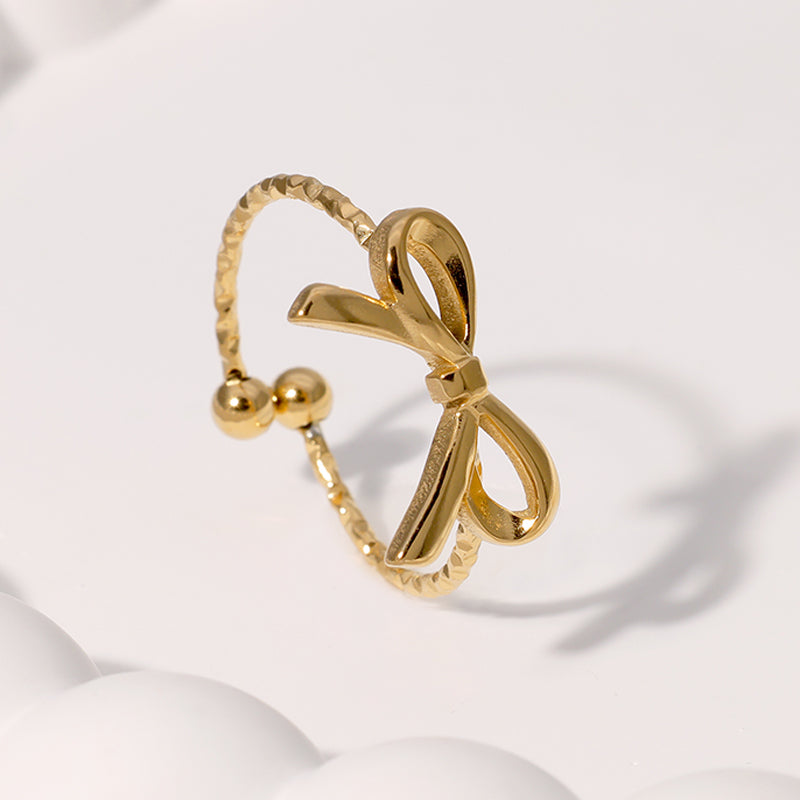 Small Exquisite Cute Sweet Design Open Stainless Steel Ring Bowknot Flower Shape Gold-plated Ring