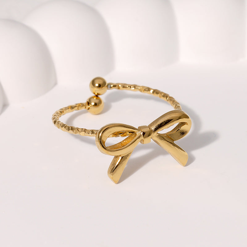 Small Exquisite Cute Sweet Design Open Stainless Steel Ring Bowknot Flower Shape Gold-plated Ring