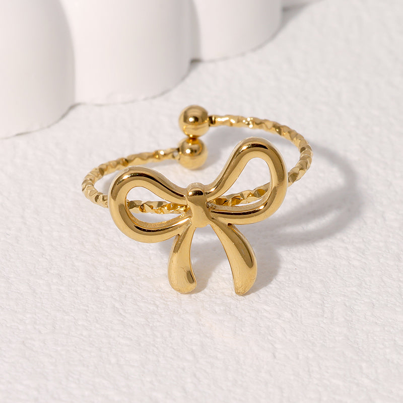 Small Exquisite Cute Sweet Design Open Stainless Steel Ring Bowknot Flower Shape Gold-plated Ring