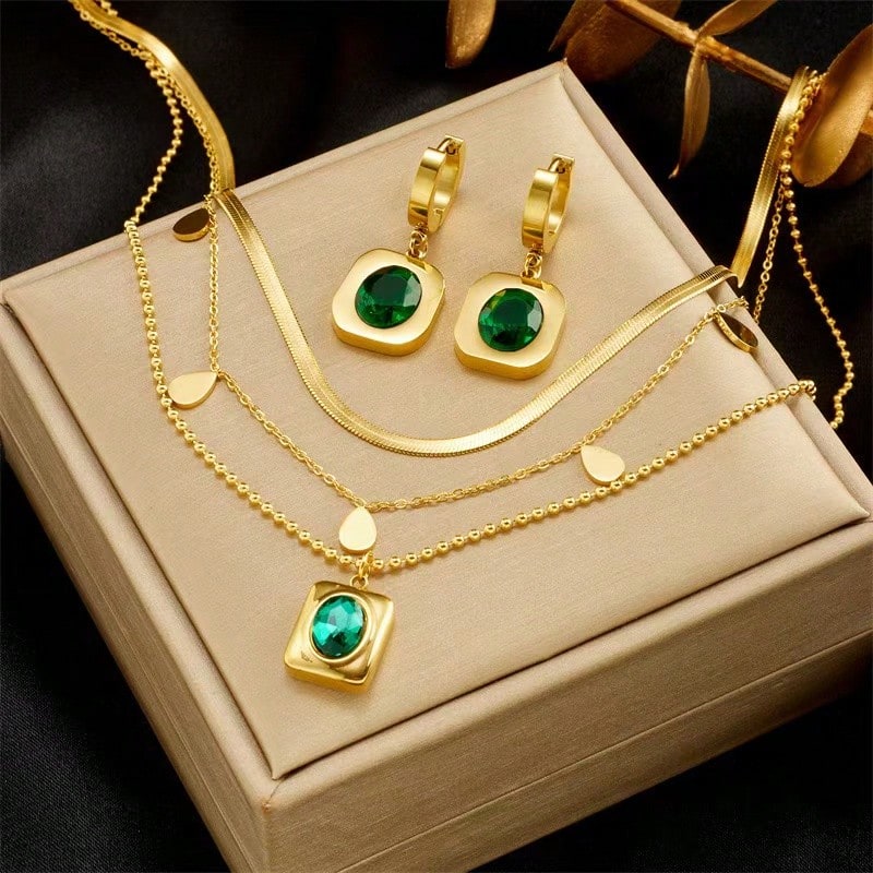Ion Plating (IP) 18K Real Gold Plated Non Tarnish 316 Stainless Steel Earrings Necklace Jewelry Set