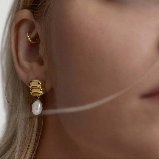 Irregular Geometric Plating Inlay 304 Stainless Steel Pearl 18K Gold Plated Ear Studs