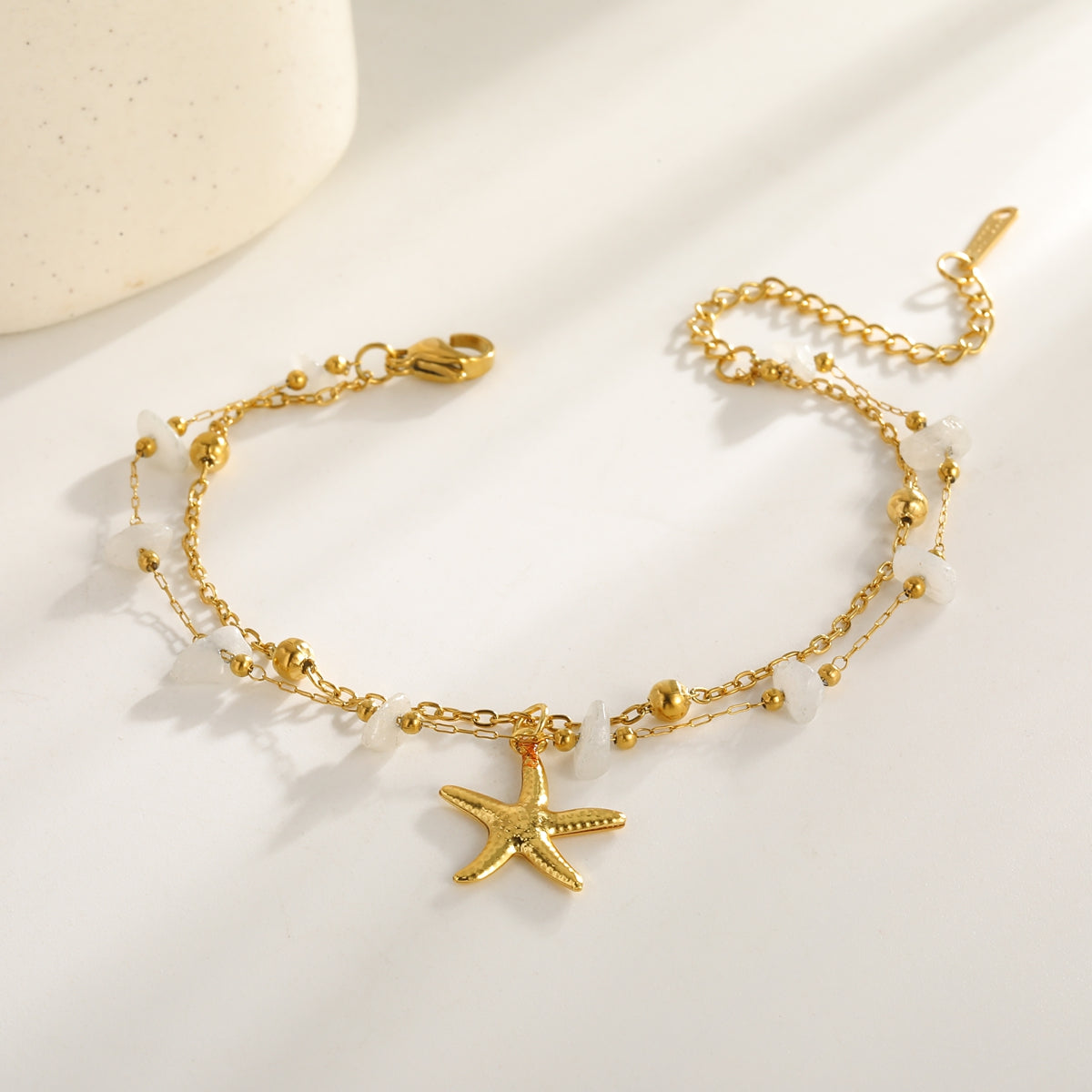 Vacuum Electroplating 18K Real Gold Starfish Rectangular 304 Stainless Steel Natural Stone Zircon Electroplated Inlaid Lobster Clasp Bracelet