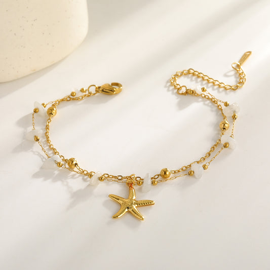 Vacuum Electroplating 18K Real Gold Starfish Rectangular 304 Stainless Steel Natural Stone Zircon Electroplated Inlaid Lobster Clasp Bracelet
